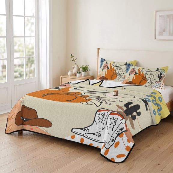96x106in Quilt Bedding Set, Retro Boho Color Block Tropical Desert Lightweight Coverlet Summer Comforter Set Soft Microfiber Bedspread, Cowboy Boot Hat Leaves 3 Piece Quilt Set with 2 Pillow Shams
