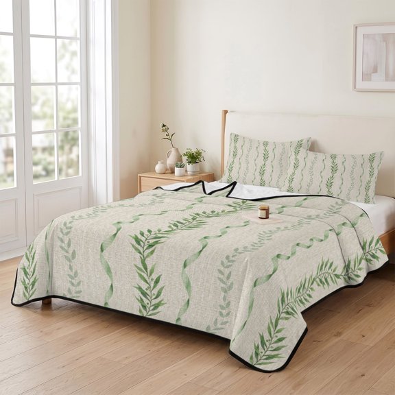 96x106in Quilt Bedding Set, Rustic Botanical Leaves on Burlap Lightweight Coverlet Summer Comforter Set Soft Microfiber Bedspread, Foliage Vines Green Ribbon 3 Piece Quilt Set with 2 Pillow Shams