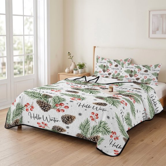 96x106in Quilt Bedding Set, Rustic Pinecone Berry Leaf Lightweight Coverlet Summer Comforter Set Soft Microfiber Bedspread, Seamless Watercolor Winter Plant 3 Piece Quilt Set with 2 Pillow Shams