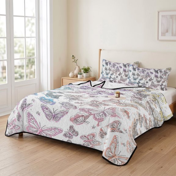 96x106in Quilt Bedding Set, Spring Watercolor Gradient Butterflies Lightweight Coverlet Summer Comforter Set Soft Microfiber Bedspread, Abstract Insects 3 Piece Quilt Set with 2 Pillow Shams