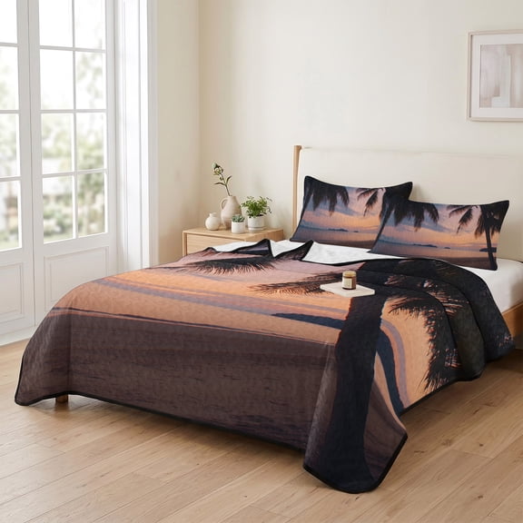 96x106in Quilt Bedding Set, Summer Beach Sunset Lightweight Coverlet Summer Comforter Set Soft Microfiber Bedspread, Coconut Tree Shadow 3 Piece Quilt Set with 2 Pillow Shams All Seasons Use