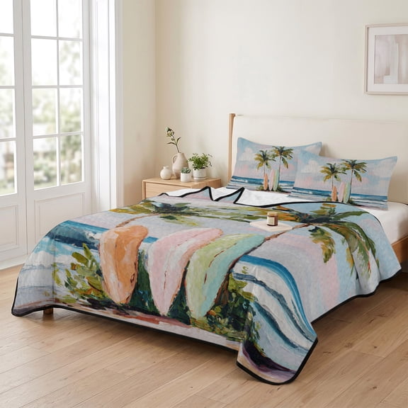 96x106in Quilt Bedding Set, Summer Blue Ocean Surfboard Lightweight Coverlet Summer Comforter Set Soft Microfiber Bedspread, Tropical Plant Palm Tree 3 Piece Quilt Set with 2 Pillow Shams
