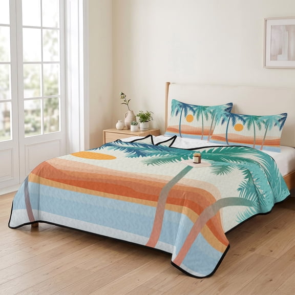 96x106in Quilt Bedding Set, Summer Boho Coconut Trees Sunset Lightweight Coverlet Summer Comforter Set Soft Microfiber Bedspread, Abstract Seaside Beach 3 Piece Quilt Set with 2 Pillow Shams