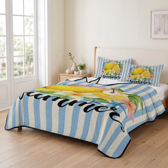 96x106in Quilt Bedding Set, Summer Carnival Flowers Sea Stars Lightweight Coverlet Summer Comforter Set Soft Microfiber Bedspread, Lemon Blue Striped 3 Piece Quilt Set with 2 Pillow Shams