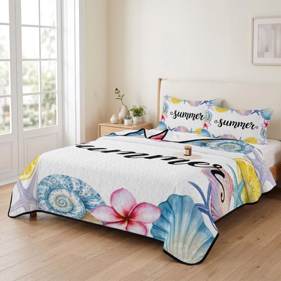 96x106in Quilt Bedding Set, Summer Lemons Sea Stars Carnival Flowers Lightweight Coverlet Summer Comforter Set Soft Microfiber Bedspread, Oceans Shells 3 Piece Quilt Set with 2 Pillow Shams
