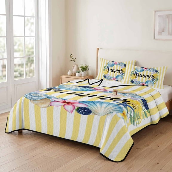96x106in Quilt Bedding Set, Summer Lemons Sea Stars Shells Lightweight Coverlet Summer Comforter Set Soft Microfiber Bedspread, Carnival Flowers 3 Piece Quilt Set with 2 Pillow Shams All Seasons Use