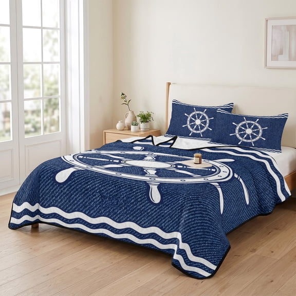 96x106in Quilt Bedding Set, Summer Marine Nautical Rudder Denim Lightweight Coverlet Summer Comforter Set Soft Microfiber Bedspread, Ocean Theme Helm Navy Blue 3 Piece Quilt Set with 2 Pillow Shams