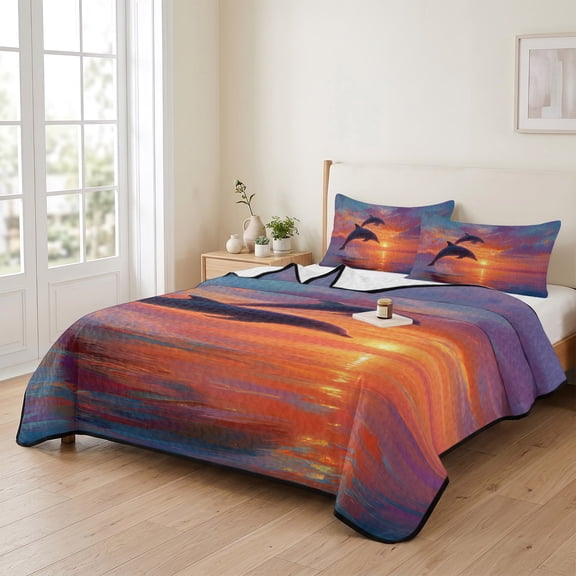 96x106in Quilt Bedding Set, Summer Ocean Dolphin Lightweight Coverlet Summer Comforter Set Soft Microfiber Bedspread, Romantic Sunset Art 3 Piece Quilt Set with 2 Pillow Shams All Seasons Use