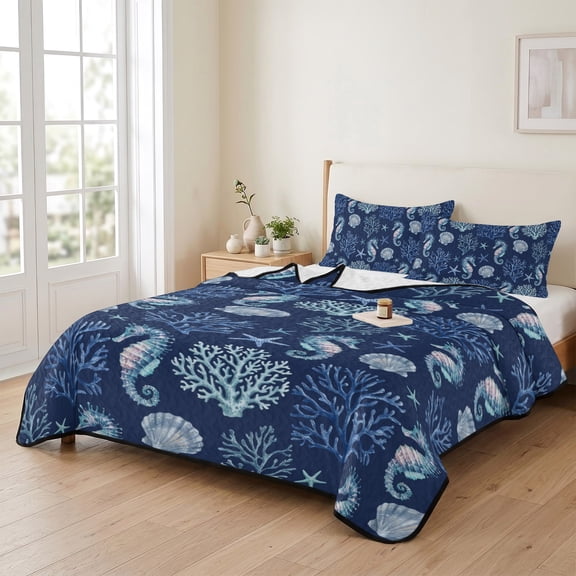 96x106in Quilt Bedding Set, Summer Ocean Theme Navy Blue Lightweight Coverlet Summer Comforter Set Soft Microfiber Bedspread, Marine Coral Seahorse Shell 3 Piece Quilt Set with 2 Pillow Shams