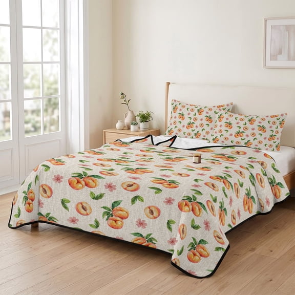 96x106in Quilt Bedding Set, Summer Peaches Pink Flower Lightweight Coverlet Summer Comforter Set Soft Microfiber Bedspread, Retro Floral on Linen 3 Piece Quilt Set with 2 Pillow Shams