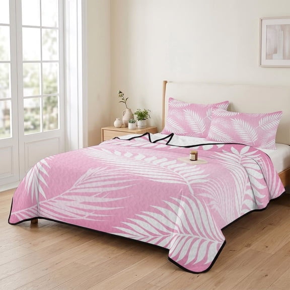 96x106in Quilt Bedding Set, Summer Tropical Botanical Lightweight Coverlet Summer Comforter Set Soft Microfiber Bedspread, Feather Palm Fronds on Pink 3 Piece Quilt Set with 2 Pillow Shams
