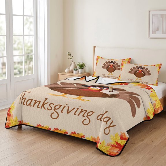 96x106in Quilt Bedding Set, Thanksgiving Cartoon Turkey Lightweight Coverlet Summer Comforter Set Soft Microfiber Bedspread, Farm Animal Fall Maple Leaf Pumpkin 3 Piece Quilt Set with 2 Pillow Shams