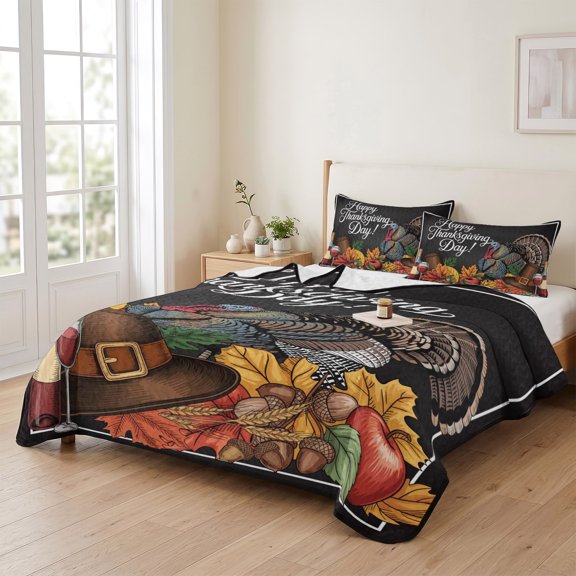 96x106in Quilt Bedding Set, Thanksgiving Cartoon Turkey Pumpkin Lightweight Coverlet Summer Comforter Set Soft Microfiber Bedspread, Autumn Leaves Cap 3 Piece Quilt Set with 2 Pillow Shams