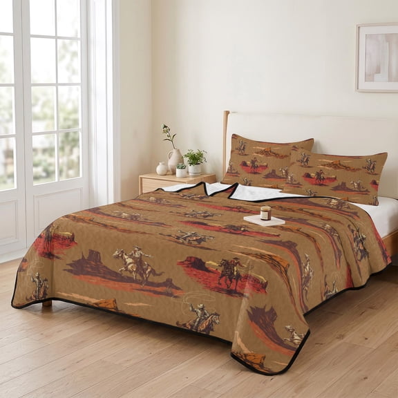 96x106in Quilt Bedding Set, Vintage Ethnic Cowboy Horse Lightweight Coverlet Summer Comforter Set Soft Microfiber Bedspread, Western Desert Theme 3 Piece Quilt Set with 2 Pillow Shams