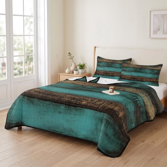 96x106in Quilt Bedding Set, Vintage Farmhouse Wood Board Lightweight Coverlet Summer Comforter Set Soft Microfiber Bedspread, Country Simple Grain 3 Piece Quilt Set with 2 Pillow Shams