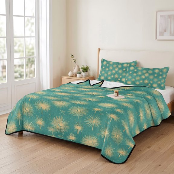 96x106in Quilt Bedding Set, Watercolor Dandelion on Green Lightweight Coverlet Summer Comforter Set Soft Microfiber Bedspread, Summer Farmhouse Botanical 3 Piece Quilt Set with 2 Pillow Shams