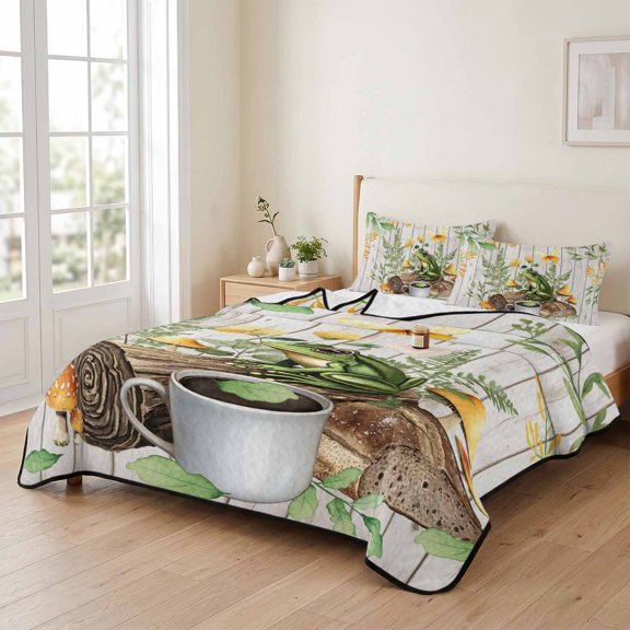 96x106in Quilt Bedding Set, Watercolor Rustic Frog Leaves Plant Lightweight Coverlet Summer Comforter Set Soft Microfiber Bedspread, Coffee Mushroom on Wooden 3 Piece Quilt Set with 2 Pillow Shams