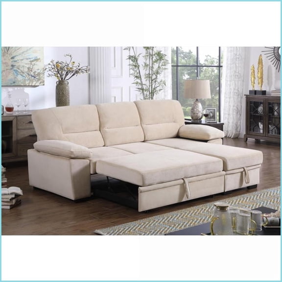97.5” Beige Velvet Reversible Sleeper Sectional Sofa Chaise with Storage – Modern Living Room | Beige | Velvet | Round Arms