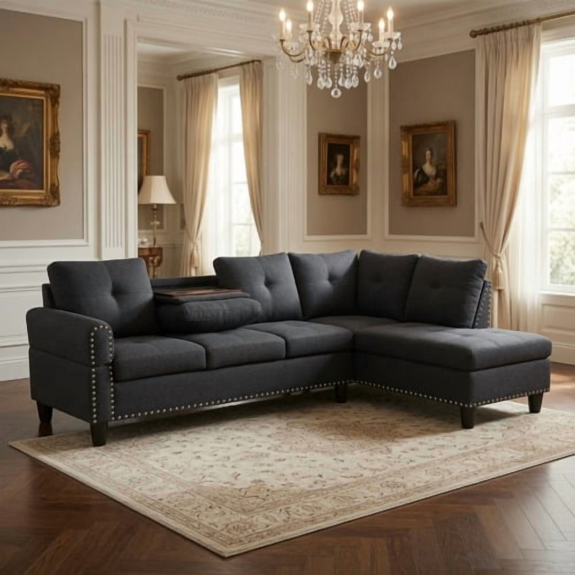 97.5" L-Shaped Sectional Sofa, 2-Piece Modular Couch with Right Chaise, Black Grey Linen, Built-in Cup Holders, Nailhead Trim, Solid Wood Frame