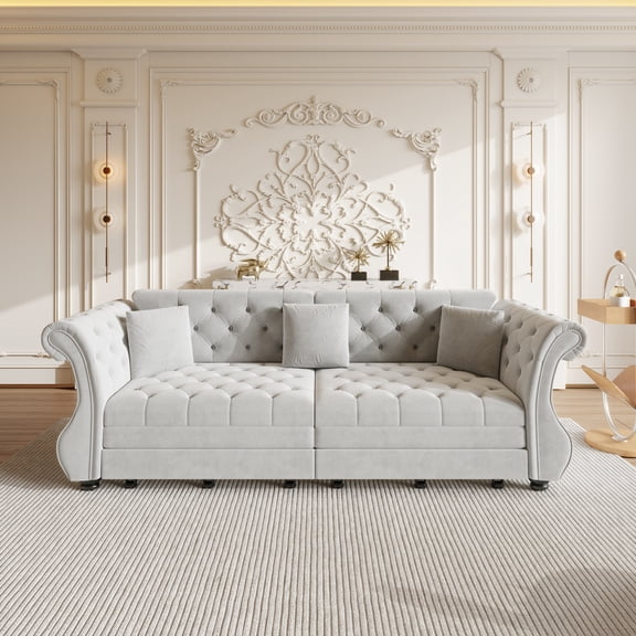 97.6" Oversized Chesterfield Pull-Out Sofa Bed, Velvet Couch with Rolled Arms and Floral Tufted Upholstery, Convertible Sleeper Sofa for Living Room, Bedroom or Apartment (Light Grey)