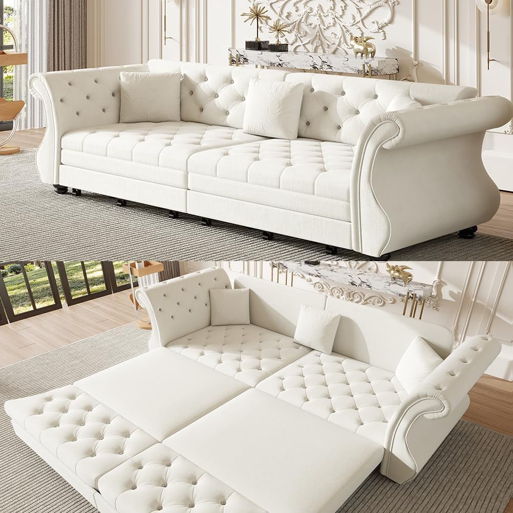97.6'' Sleeper Sofa Bed King, Convertible Pull Out Couch, Chesterfield Futon Sofa Bed with Flower-Tuffed Back, Velvet Daybed, 3 Pillows, Loveseat Couches for Living Room, Small Spaces, Beige