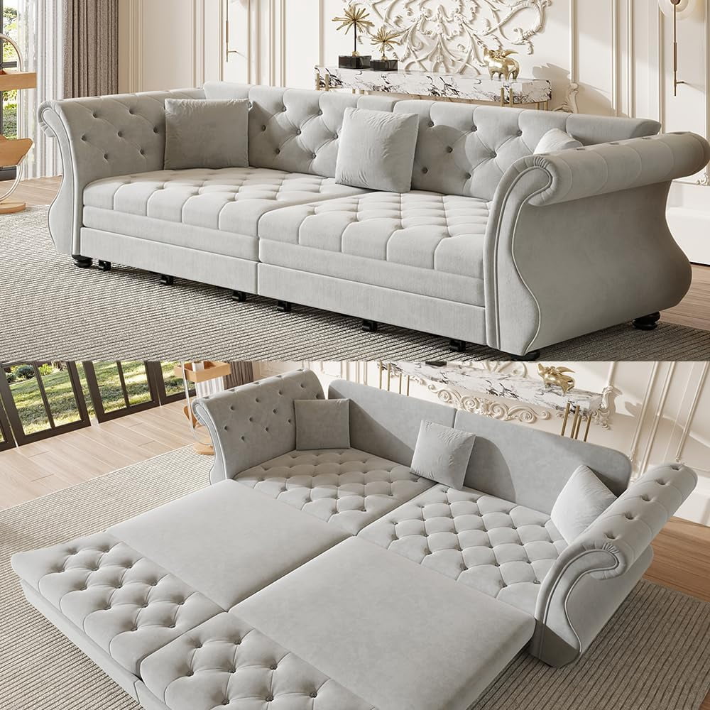 97.6'' Sleeper Sofa Bed King, Convertible Pull Out Couch, Chesterfield Futon Sofa Bed with Flower-Tuffed Back, Velvet Daybed, 3 Pillows, Loveseat Couches for Living Room, Bedroom, Light Gray