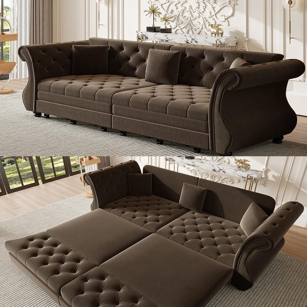97.6'' Sleeper Sofa Bed King, Convertible Pull Out Couch, Chesterfield Futon Sofa Bed with Flower-Tuffed Back, Velvet Daybed, 3 Pillows, Loveseat Couches for Living Room, Small Spaces, Brown
