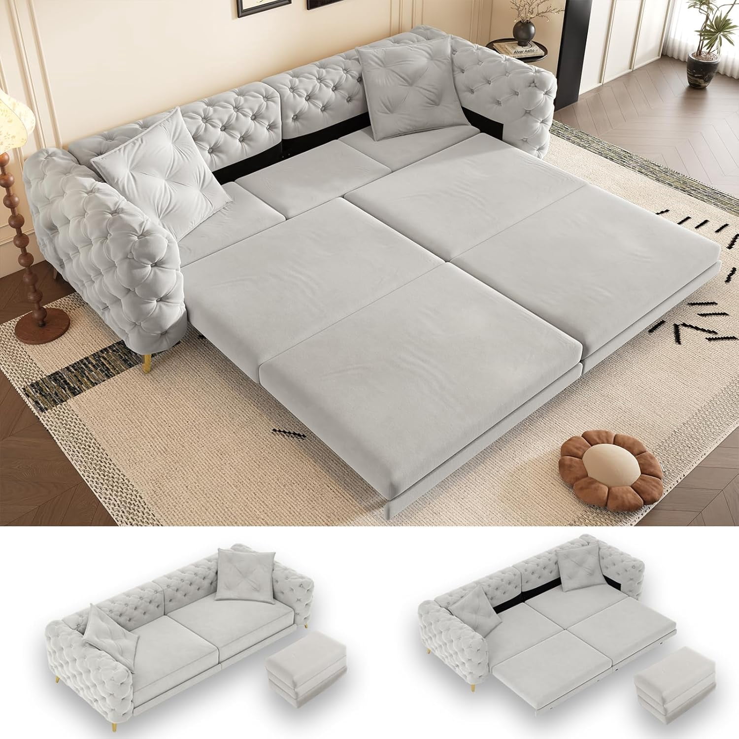97.7" King Pull Out Sofa Bed, Velvet Chesterfield Sleeper Sofa Couch, 3 in 1 Convertible Tufted Futon Couches with Ottoman for Living Room, Small Space, Apartment, Office, Bedroom, Light Gray