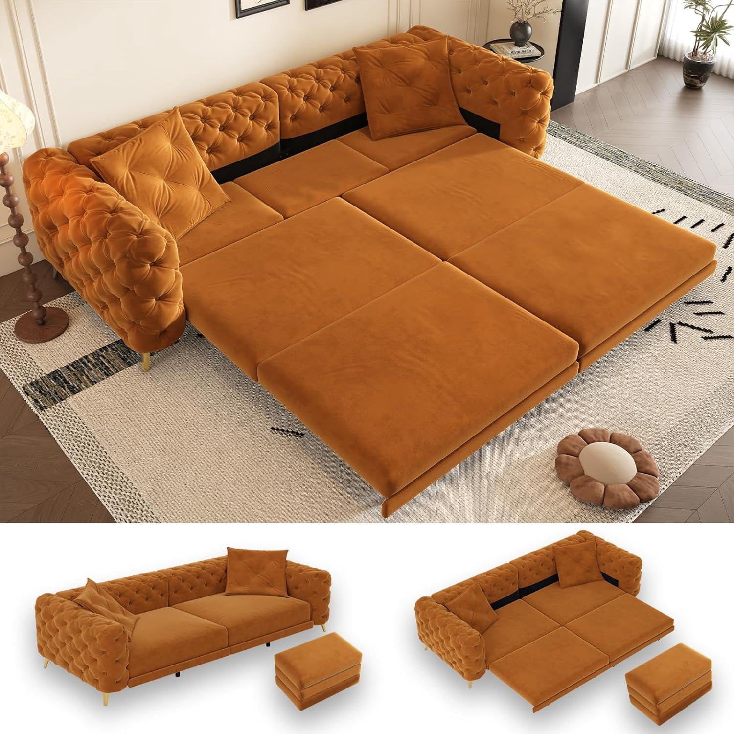 97.7'' Pull Out Sofa Bed King, Chesterfield Velvet Sleeper Sofa, Convertible L-Shaped Futon Couch, Tufted Back, Ottoman, Deep Seat Loveseat Couches for Living Room, Apartment, Orange