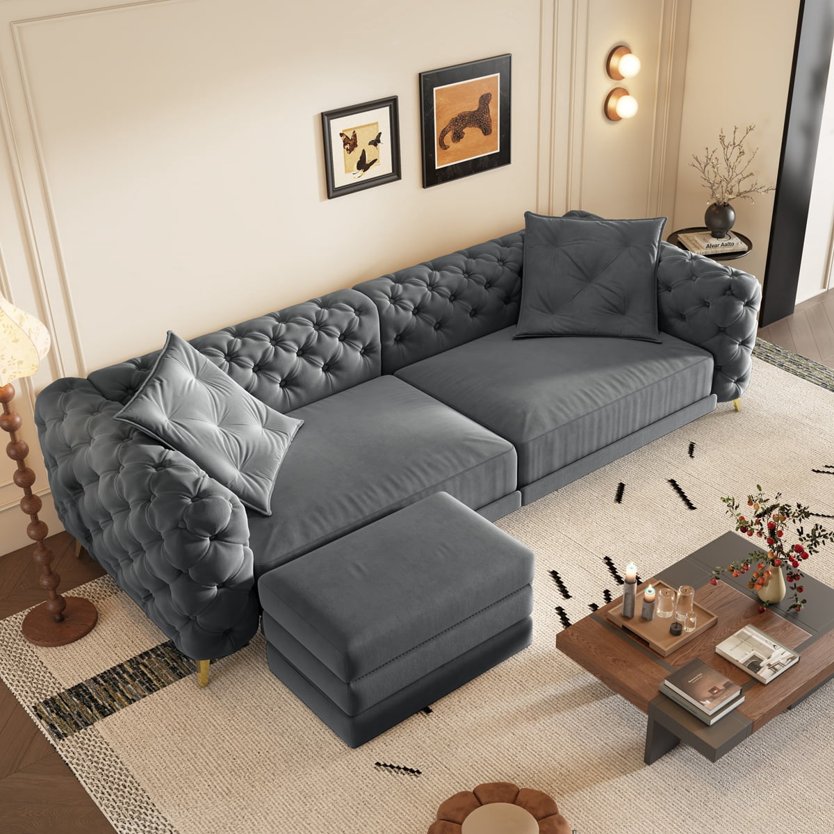 97.7'' Pull Out Sofa Bed King, Chesterfield Velvet Sleeper Sofa, Convertible L-Shaped Futon Couch, Tufted Back, Ottoman, Deep Seat Loveseat Couches for Living Room, Apartment, Dark Gray