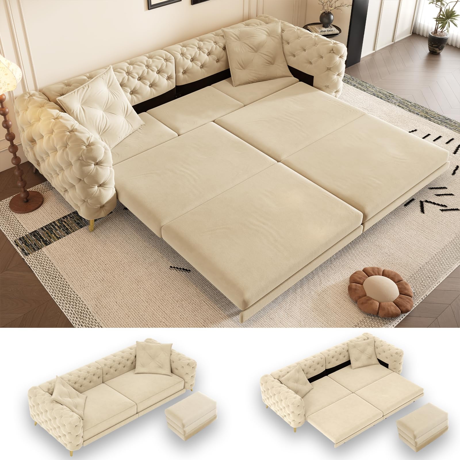 97.7'' Pull Out Sofa Bed King, Chesterfield Velvet Sleeper Sofa, Convertible L-Shaped Futon Couch, Tufted Back, Ottoman, Deep Seat Loveseat Couches for Living Room, Apartment, Honey Beige
