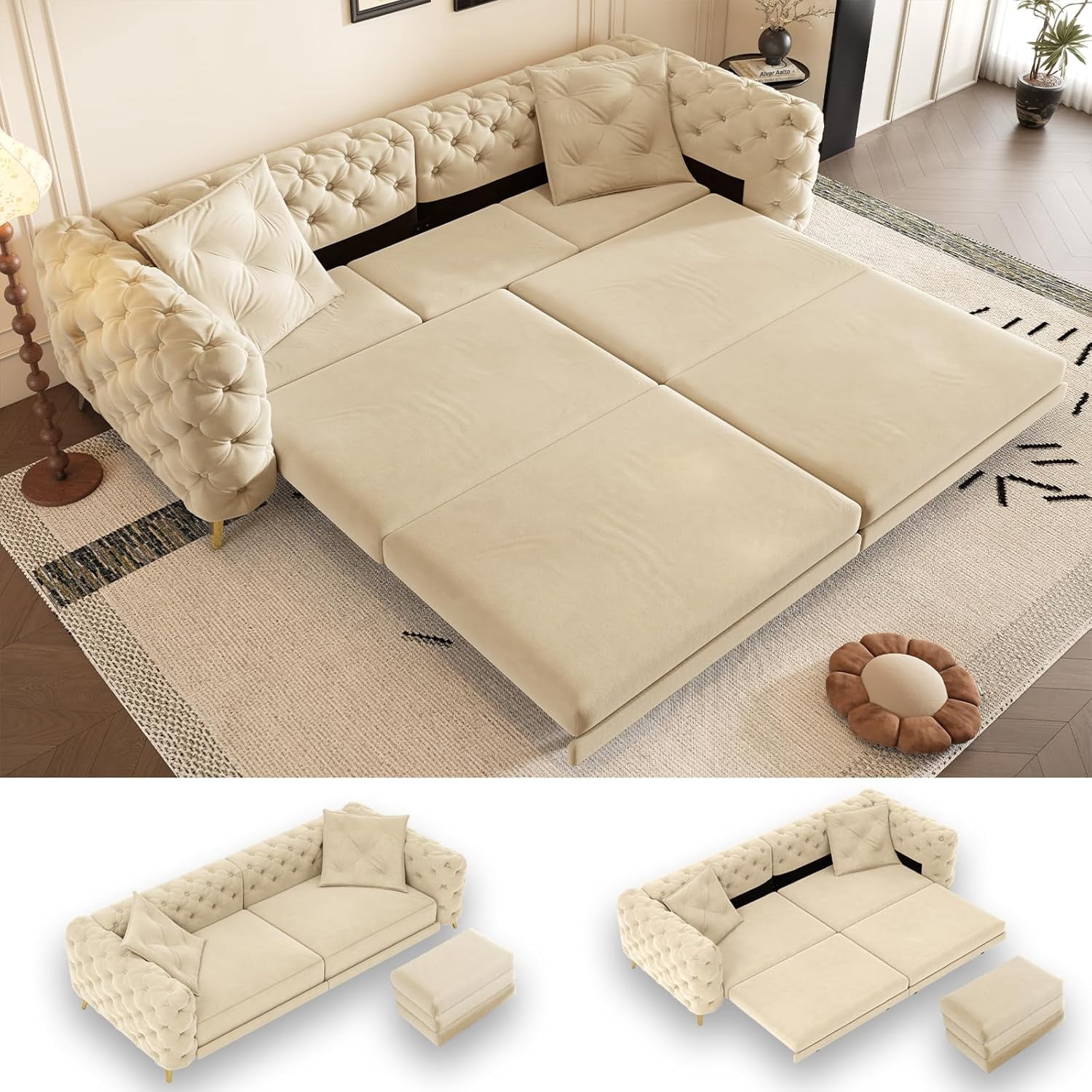 97.7'' Pull Out Sofa Bed King, Chesterfield Velvet Sleeper Sofa, Convertible L-Shaped Futon Couch, Tufted Back, Ottoman, Deep Seat Loveseat Couches for Living Room, Apartment, Honey Beige