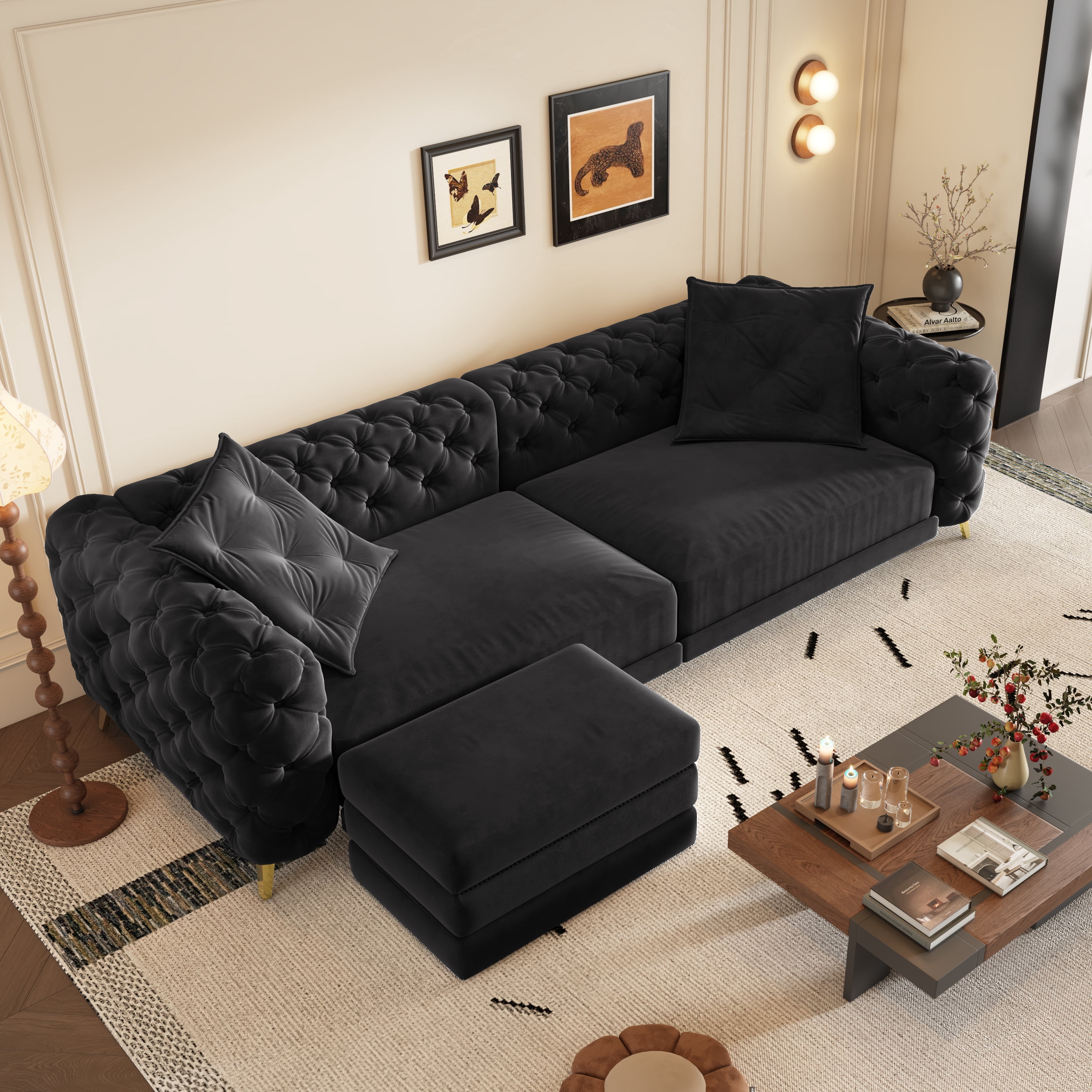 97.7'' Pull Out Sofa Bed King, Chesterfield Velvet Sleeper Sofa, Convertible L-Shaped Futon Couch, Tufted Back, Ottoman, Deep Seat Loveseat Couches for Living Room, Apartment, Black
