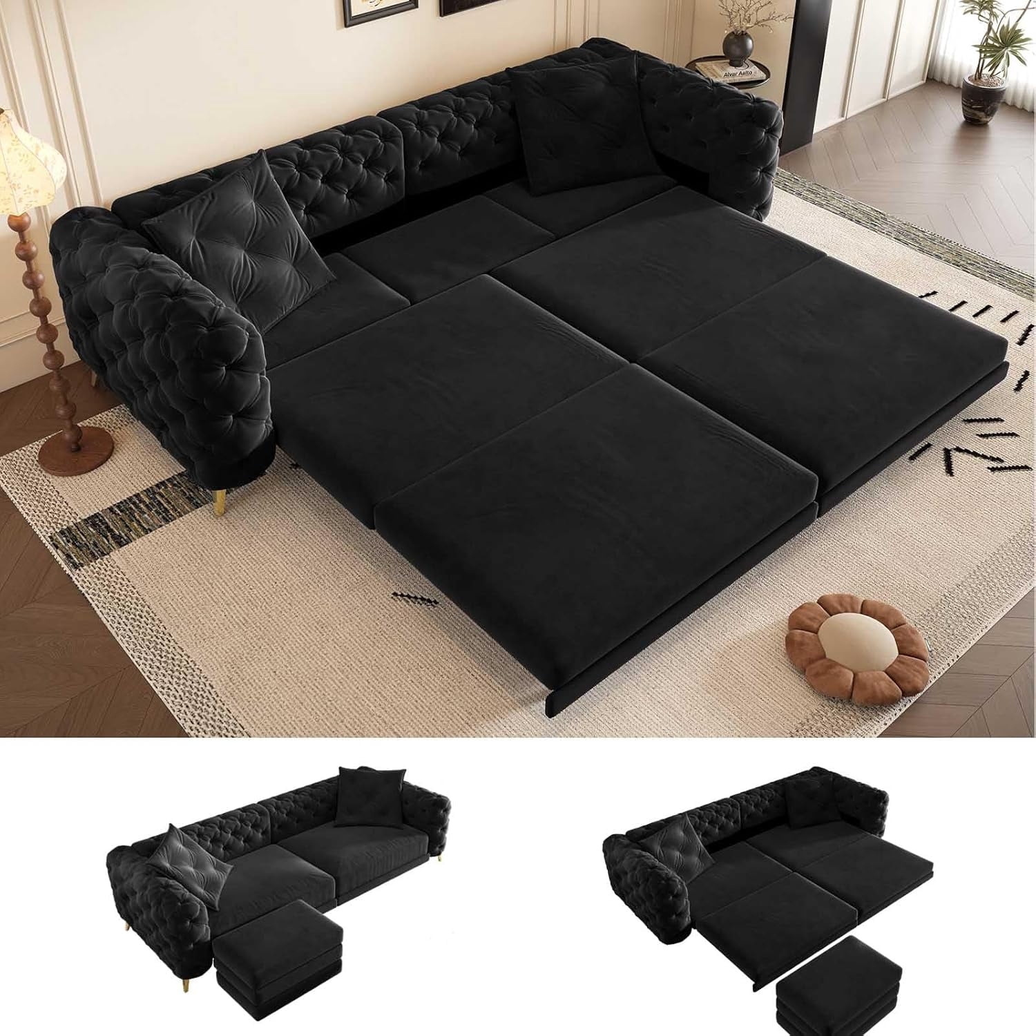 97.7'' Pull Out Sofa Bed King, Chesterfield Velvet Sleeper Sofa, Convertible L-Shaped Futon Couch, Tufted Back, Ottoman, Deep Seat Loveseat Couches for Living Room, Apartment, Black