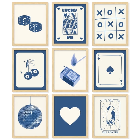 97 Decor Playing Card 8x10 Blue Lucky Poster Set, 9 Pieces