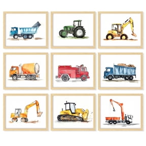 97 Decor Kids Wall Art FRAMED Posters - Construction Room Decor For Boys Bedroom, Truck Posters For Boys Room, Nursery Framed Art Prints (Framed)
