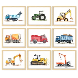 97 Decor Kids Wall Art FRAMED Posters - Construction Room Decor For Boys Bedroom, Truck Posters For Boys Room, Nursery Framed Art Prints (Framed)