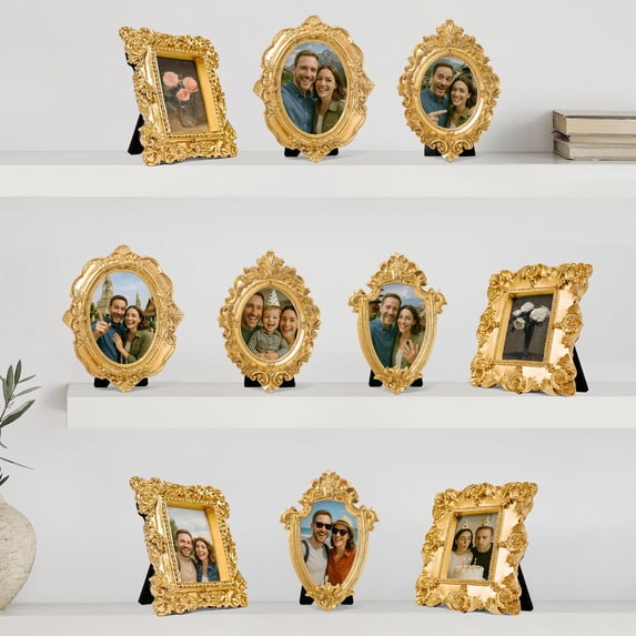 97 Decor Small Rose Gold Picture Frames Set - 10 Pcs Oval Rectangle Golden Mini Frames