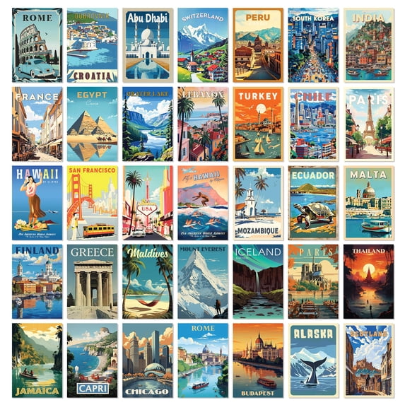 97 Decor Travel 4x6 Vintage City Poster Set, 35 Pieces