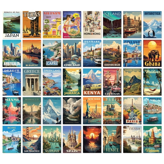 97 Decor Travel 4x6 Vintage World Collage Poster Set, 40 Pieces