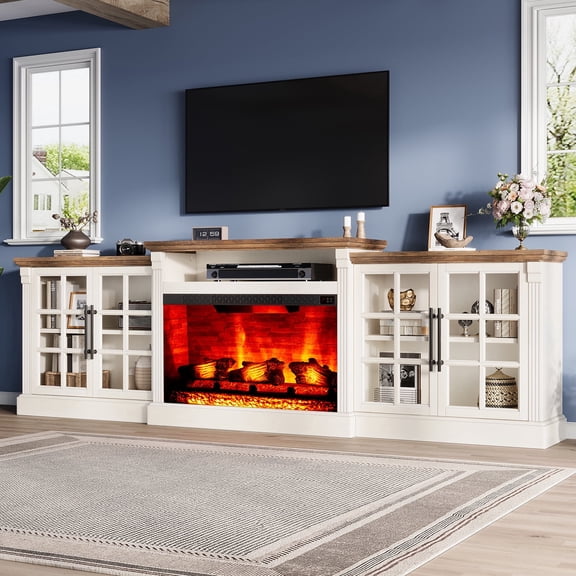 97" Farmhouse TV Stand with 33" Fireplace for TVs up to 100", White/Barnwood