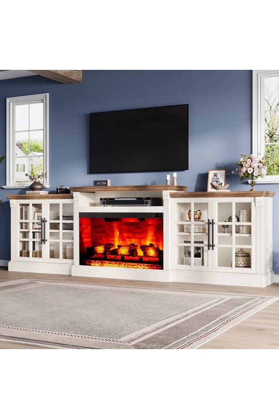 97" Farmhouse TV Stand with 33" Fireplace for TVs up to 100", White/Barnwood
