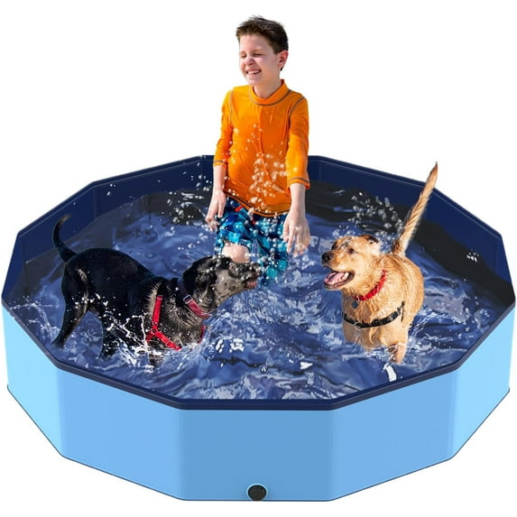 97" Foldable Dog Pool Kiddie Swimming Pool, Plastic Non-Slip Hard Shell Kids Wading Pool, Large Portable Collapsible Pet Puppy Bathing Tub, Heavy Duty - Family Size, 8 ft x 16 inch.D - 5XL
