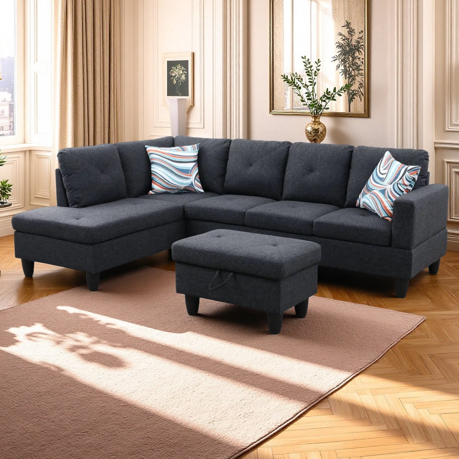 97" L Shape Sofa Couches, Sectional Couch with Storage Ottoman,Modular Sofa with Chaise for Living Room, Apartment, Dark Grey