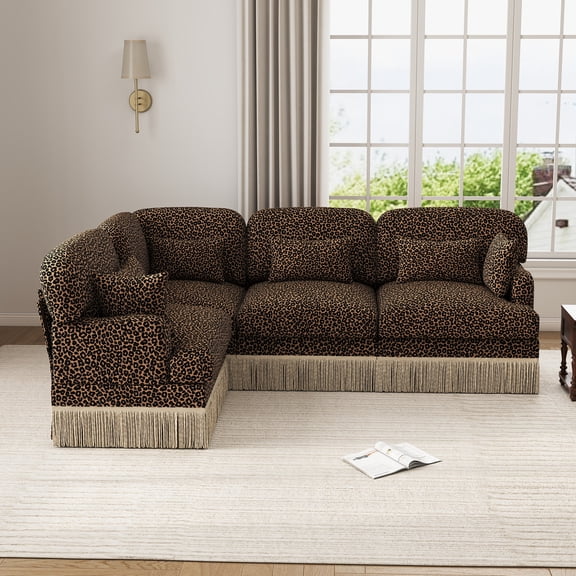 97" L Shaped Leopard Chenille 4 Seater Corner Sofa Couches with 2 Throw Pillows and 4 Lumbar Pillows