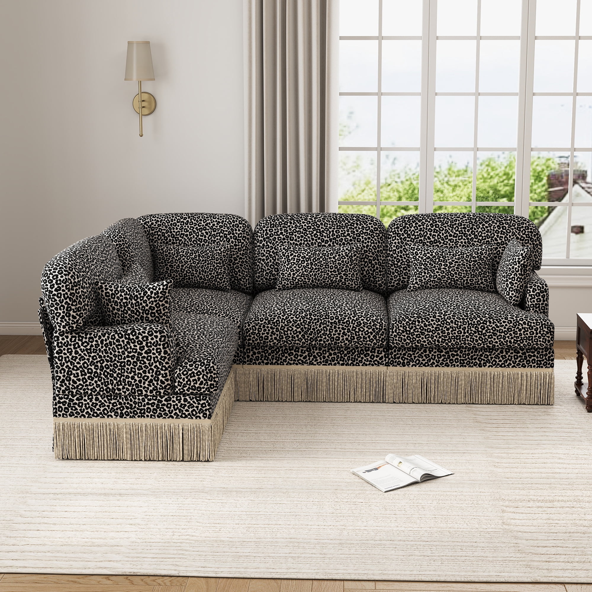 97" L Shaped Leopard Chenille 4 Seater Corner Sofa Couches with 2 Throw Pillows and 4 Lumbar Pillows
