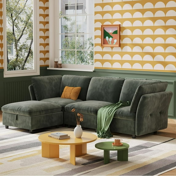 97" L-Shaped Sectional Couches for Living Room, Modern Sofa Modular Sectional Cloud Couch with Storage Ottoman, 3 Seater Velvet Deep Seat Sofas with Pillows for Bedroom, Apartment, Office, Green