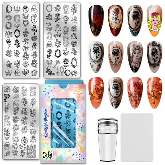 97 Patterns Flower Nail Stamping Plates 3PCS Vintage Lady Rose Pattern Template Stainless Steel Nail Image Template Art Stencils with Tools DIY
