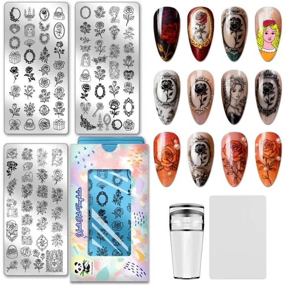 97 Patterns Flower Nail Stamping Plates 3PCS Vintage Lady Rose Pattern Template Stainless Steel Nail Image Template Art Stencils with Tools