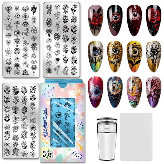 97 Patterns Nail Stamping Plates 3PCS Eyeball Flower Templates Gothic Elements Nail Image Template Stainless Steel Art Stencils with Tools DIY